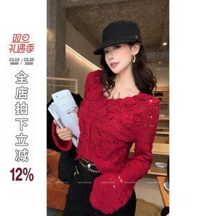 红色圣诞毛衣女绣花镂空针织衫 利达 活泼俏丽 DADADA 女 NEW