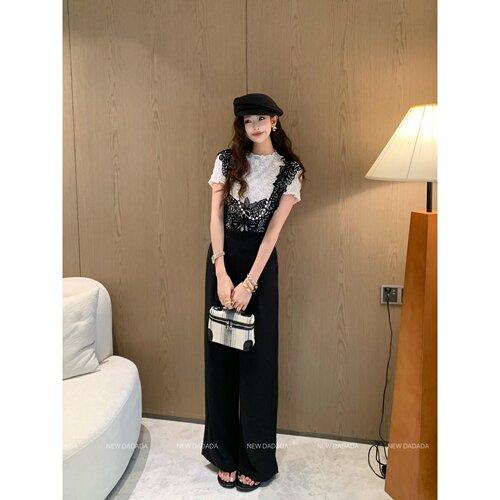 蕾丝拼接百搭背带裤女收腰直筒裤
