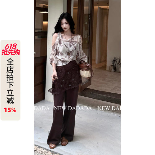 蕾丝拼接直筒裤女显瘦设计感长裤