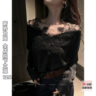 NEW 上衣女修身 DADADA 黑色蕾丝拼接长袖 显瘦T恤 柔调森语 利达