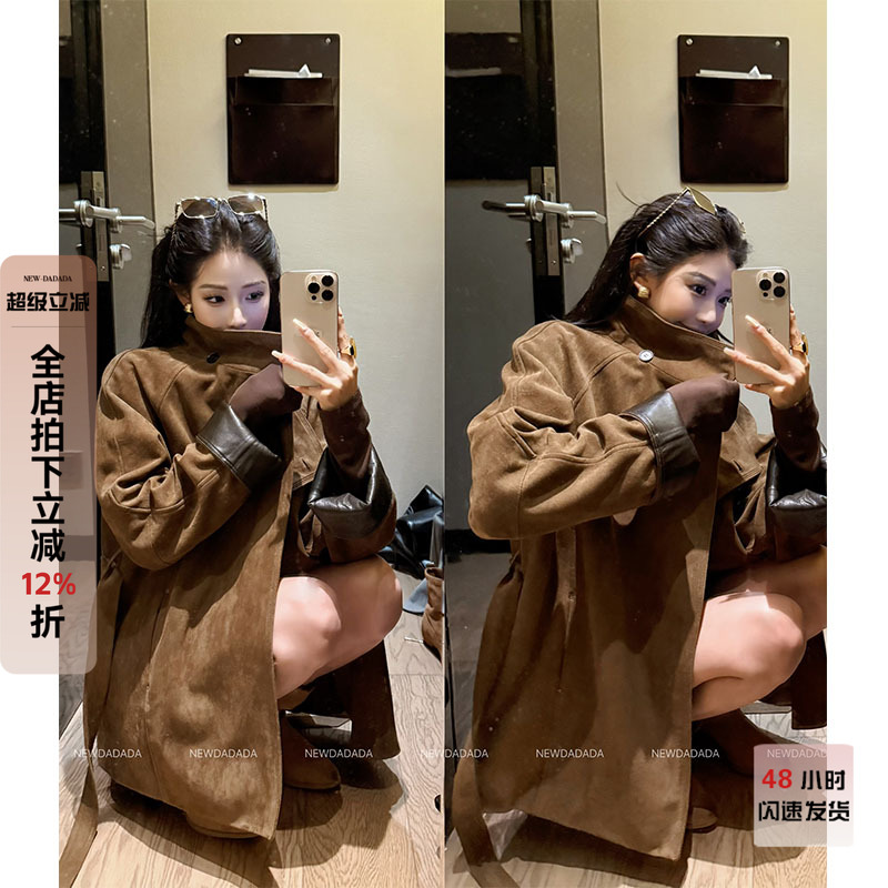 卡其绑带长袖中长款羊绒外套女