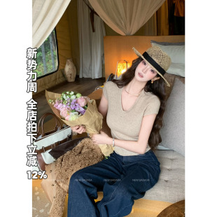 简约针织短袖 利达 V领打底 DADADA t恤女高级百搭气质上衣 NEW