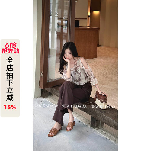 法式露肩碎花衬衫设计感收腰上衣