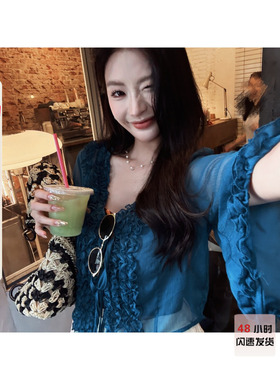 利达 NEW DADADA【V领克莱因蓝】荷叶边雪纺女轻奢高级感蓝色上衣