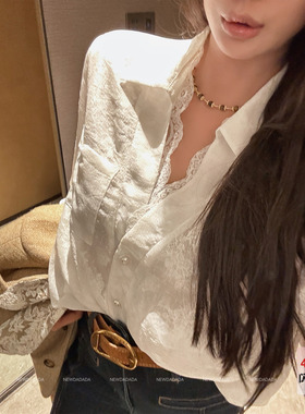 利达 NEW DADADA【微光海岸】白色蕾丝拼接衬衫女长袖设计感上衣