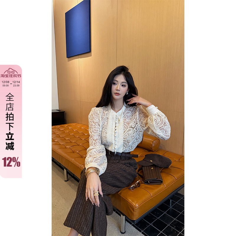镂空长袖开衫修身气质雪纺衫女