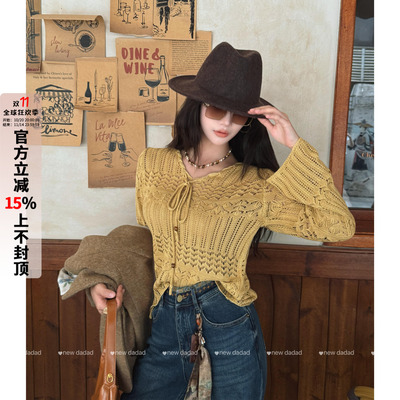 利达 NEW DADADA【映日暖风】黄色绑带镂空针织衫女长袖修身上衣