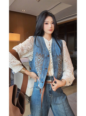 利达 NEW DADADA 蓝色刺绣开衫马甲设计感小众短款上衣