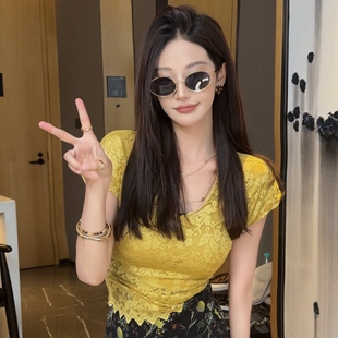 利达NEWDAD法式 小个子别致上衣 蕾丝花边v领正肩短袖 t恤女夏蕾丝衫