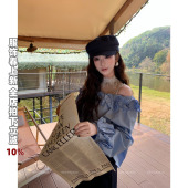 NEW 女长袖 DADADA 蓝色一字领衬衫 宽松露肩上衣 海盐花边 利达