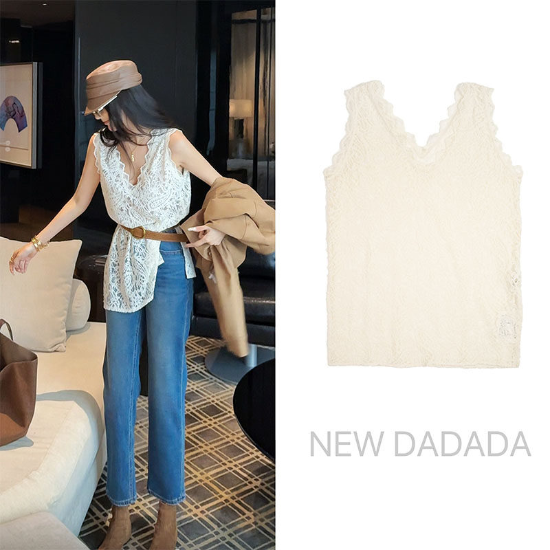 利达 NEW DADADA【雾光海白】老钱V领背心修身显瘦白色蕾丝马甲女