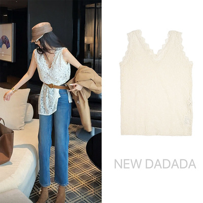 老钱V领背心修身白色蕾丝马甲女