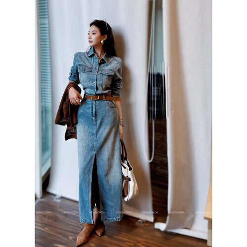利达NEW DADADA【朝光如旧】牛仔连衣裙女长袖中长款高腰包臀裙