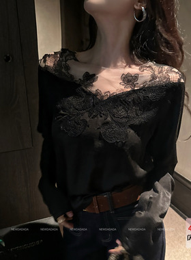 利达 NEW DADADA【柔调森语】黑色蕾丝拼接长袖上衣女修身显瘦T恤