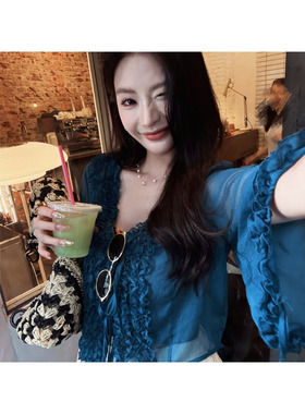 利达 NEW DADADA【V领克莱因蓝】荷叶边雪纺女轻奢高级感蓝色上衣