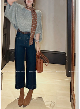 利达NEW DADADA【茶色】复古做旧蓝色牛仔裤女高腰显瘦小脚直筒裤