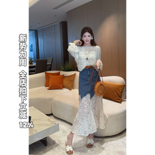 复古做旧蕾丝牛仔半身裙女长款 利达 花影倾城 DADADA a字裙 NEW