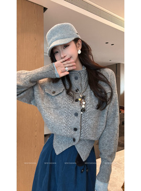 利达 NEW DADADA【笑意盈盈】灰色高领开衫针织衫女长袖修身上衣