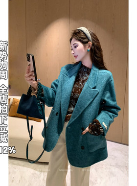 利达NEW DADADA【孔雀石雾呢】复古蓝色毛呢外套女加厚双面呢上衣