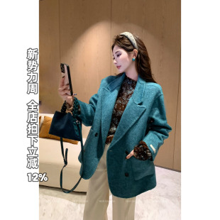 复古蓝色毛呢外套女加厚双面呢上衣 孔雀石雾呢 利达NEW DADADA