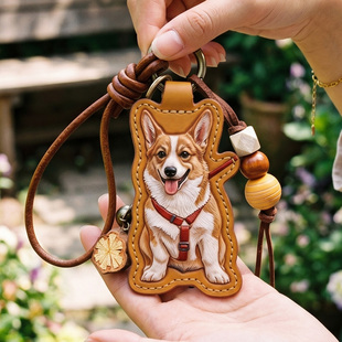 柯基犬猫狗来图定制背包挂件仿皮雕PU皮宠物纪念品朋友礼物钥匙扣