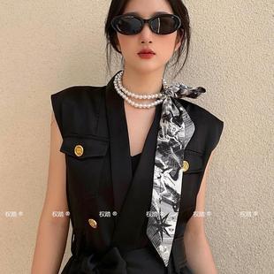 轻奢珍珠链条丝巾女装 饰长条飘带绑发带缎带腰带百搭颈链锁骨链