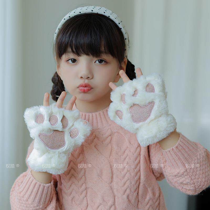 儿童可爱猫爪手套秋夏季防寒保暖毛绒半指加厚加绒学生写字漏手指