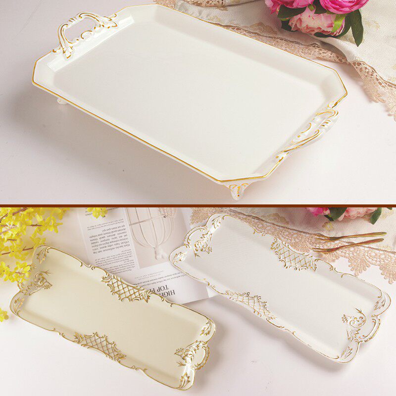 简约陶瓷托盘小茶盘白色金边长方形家用欧式现代杯具化妆品收纳盘|msdalam kategori pinggan mangkuk, set teh, dulang teh - dari Buy2taobao.com untuk memberikan perkhidmatan ejen Taobao profesional membeli