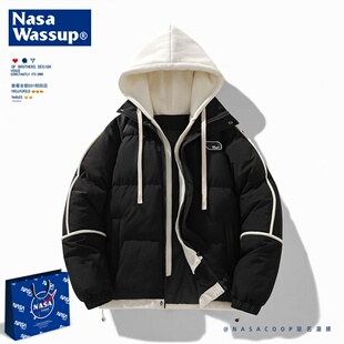 NASACOOP潮牌美式复古假两件连帽羽绒棉服男冬季潮牌棉服外套