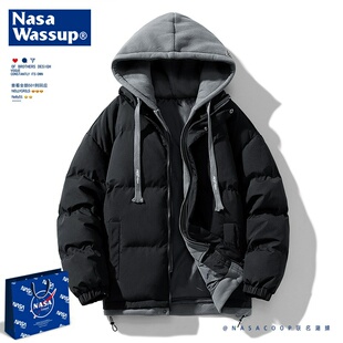 NASACOOP潮牌棉衣男外套冬季连帽假两件棉服冬装棉袄青少年加厚