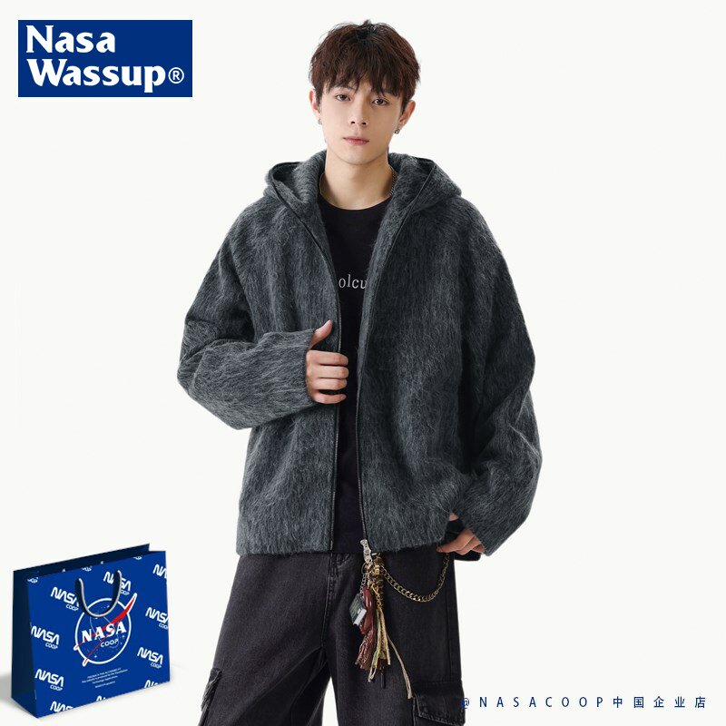 NASACOOP马海毛连帽毛衣外套男春秋慵懒高级感美式短款夹克针织衫