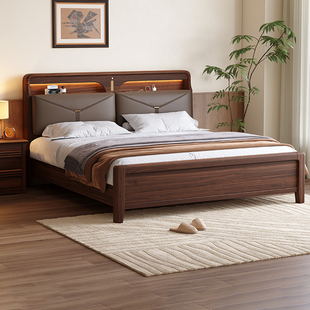 现代简约胡桃木全实木床榫卯结构带气压高箱储物床双人床主卧大床