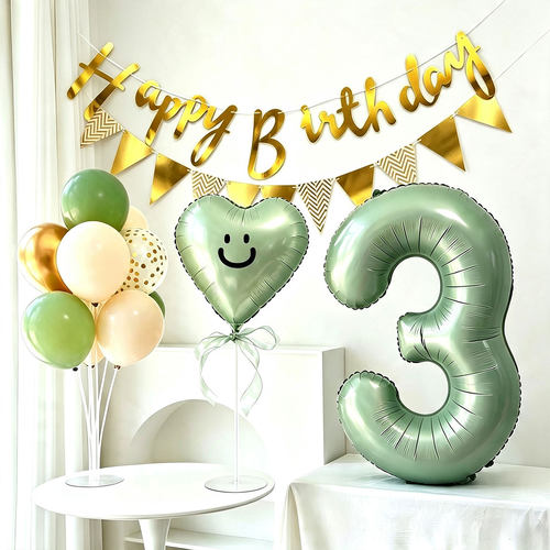  ins森系绿色3岁生日布置 笑脸心形气球 happy birthday拉旗派对