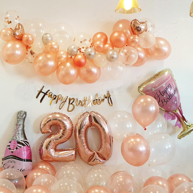 happy birthday20岁生日装饰惊喜浪漫房间玫瑰金气球布置