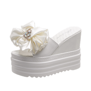 坡跟增高小个子12CM拖鞋女夏外穿2023新款松糕蝴蝶结凉拖超高跟鞋