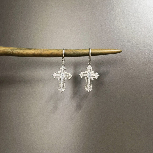 Vintage古着 White zircon cross耳饰