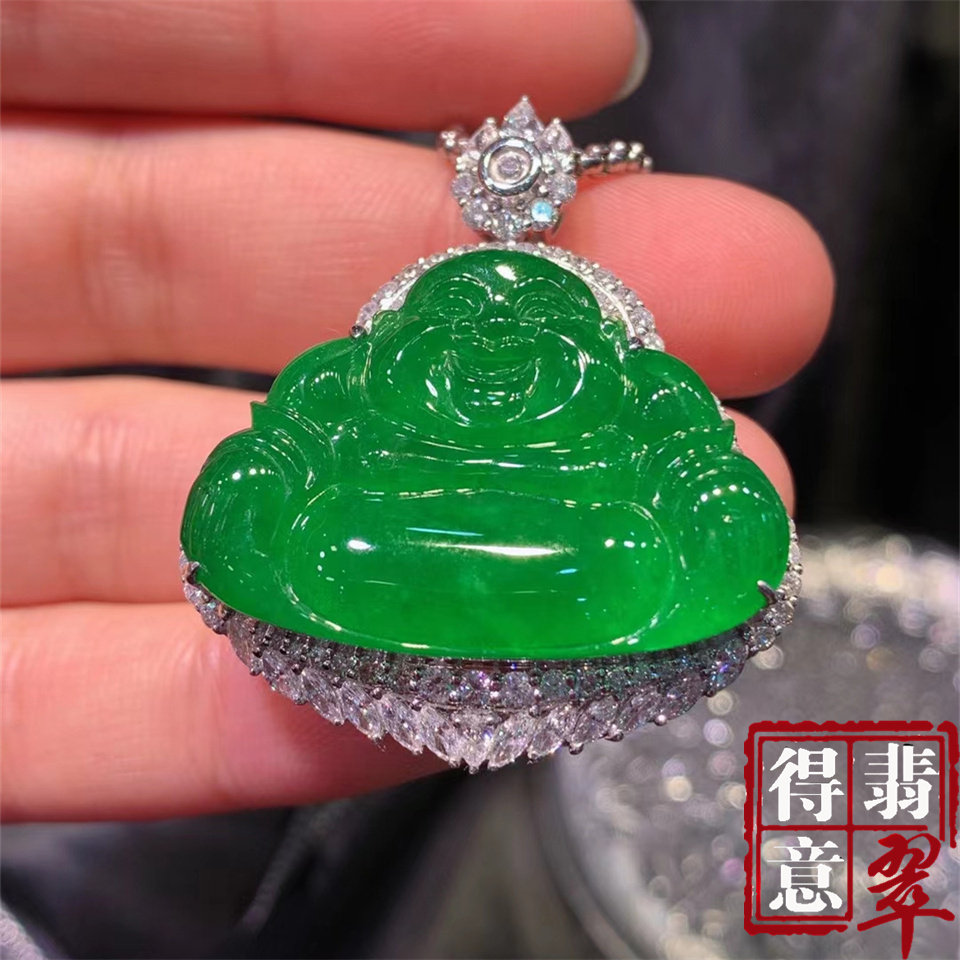 得意珠宝 天然冰种辣绿翡翠佛公吊坠挂件高冰色浓白金镶钻带证书