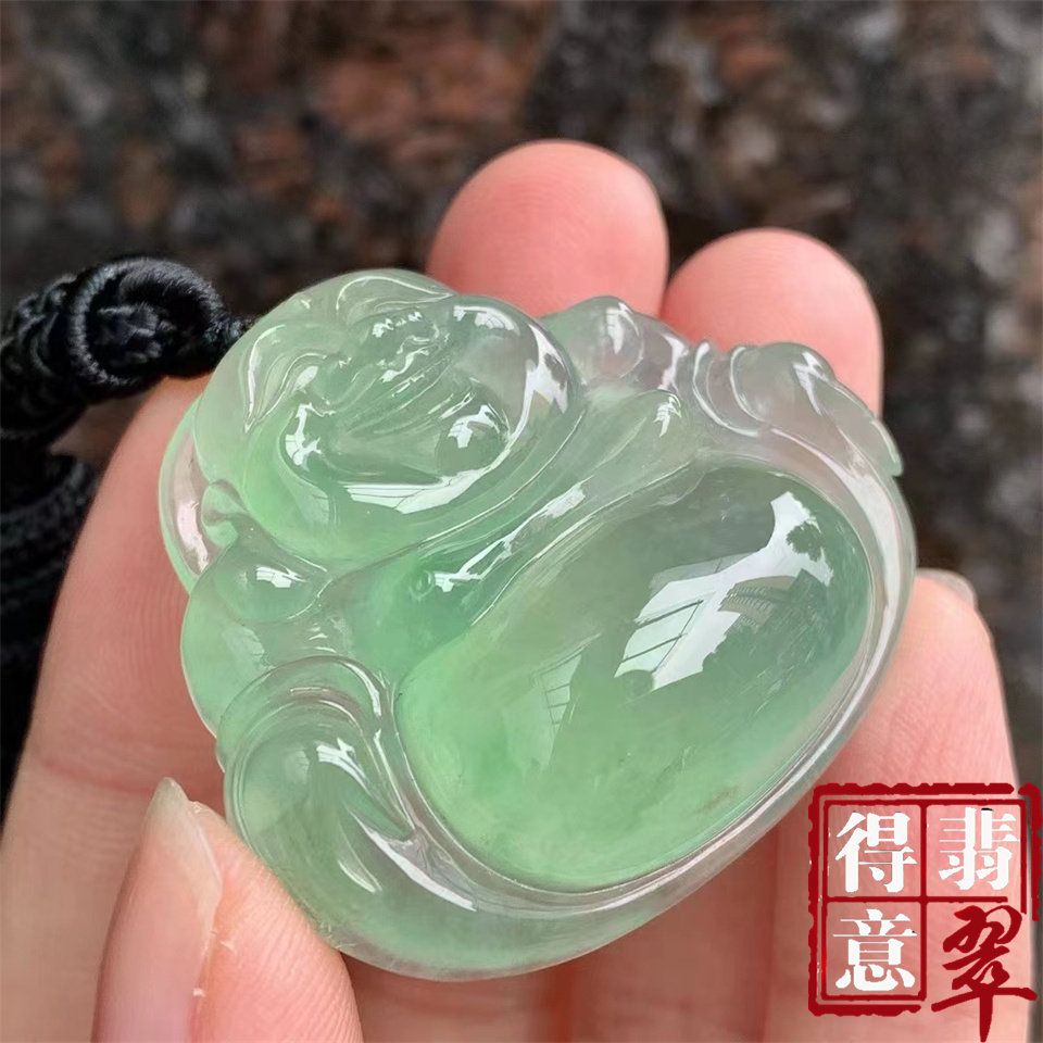 得意翡翠 天然缅甸A货冰种晴绿大佛公吊坠挂件 高冰纯净饱满很厚