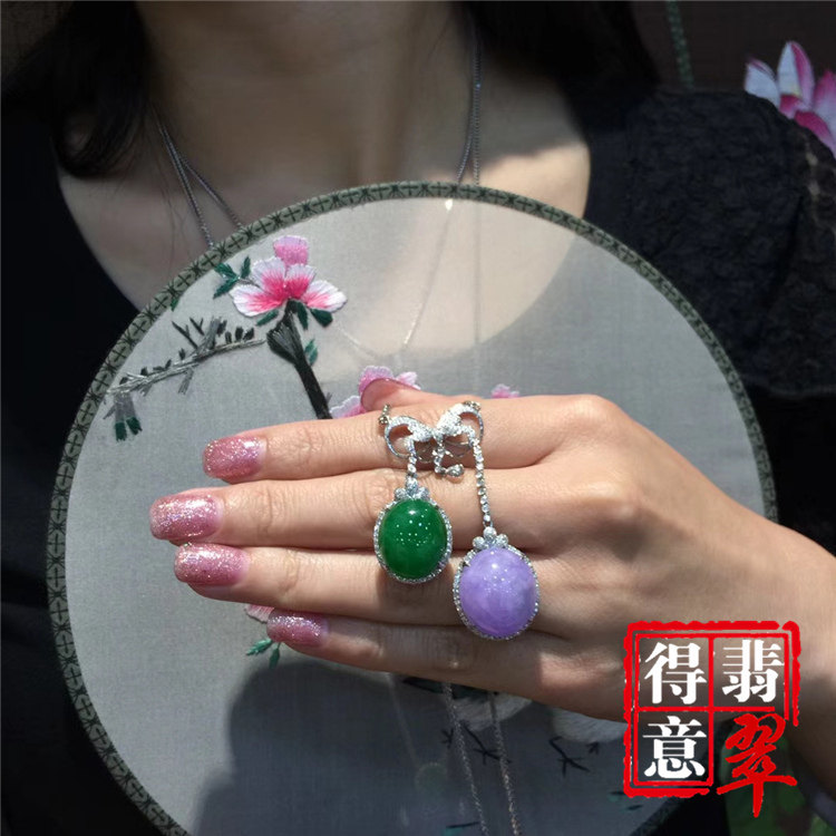 得意翡翠天然阳绿紫罗兰双色翡翠蛋面项链吊坠挂件色浓艳保真带证