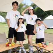 上衣一家三四口度假拍照全家装 短袖 多巴胺圆领t恤 露营亲子装 夏季