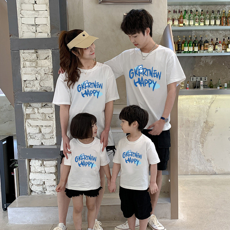 亲子装一家三口短袖T恤纯棉家庭装四口男女童胖爸妈白色上衣母女