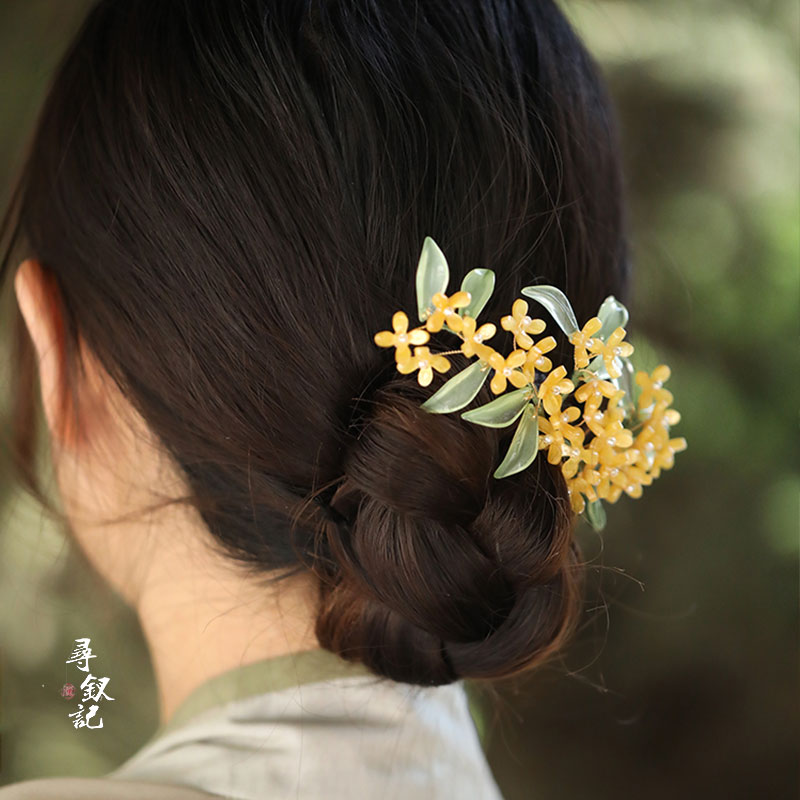 桂花热缩花发梳插梳头饰汉服旗袍古风宋制配饰发饰女高级感侧边梳