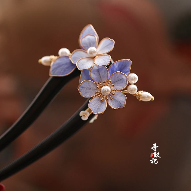 国风设计蚕丝绒花檀木发簪盘发汉服配头原创发簪饰品旗袍挽发发钗