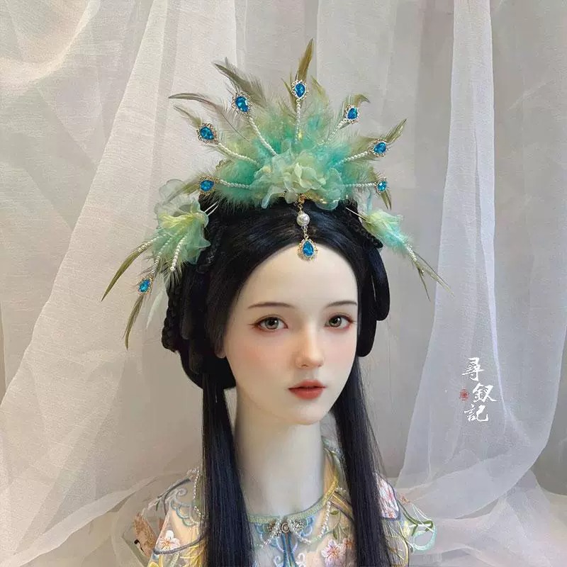 超美孔雀公主汉服配饰古风青雀烫花发冠套装古风羽毛凤冠头饰