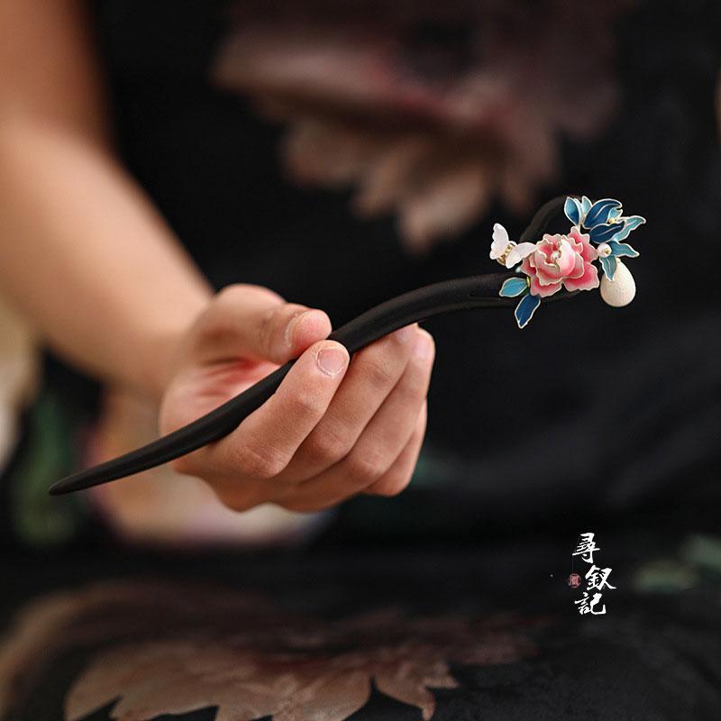檀木牡丹花发簪女古风发饰