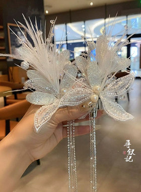 超仙水晶珍珠羽毛蕾丝边流苏发夹高级感新娘盘发演出发卡拍照发饰