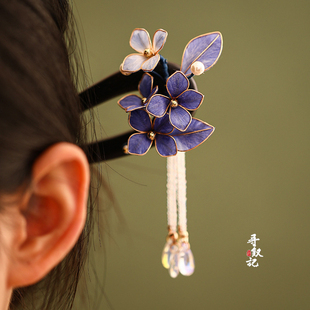 原创中国风发饰手工非遗绒花头饰檀木U型发簪发钗国风旗袍簪子女