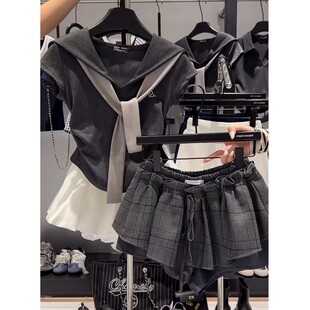 裙套装 夏季 花苞短裤 T恤 女 显瘦海军领学院风撞色假两件收腰短袖