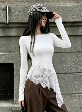秋季新款韩系蕾丝拼接长袖T恤女