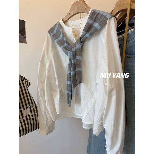 撞色条纹披肩圆领长袖衬衫女